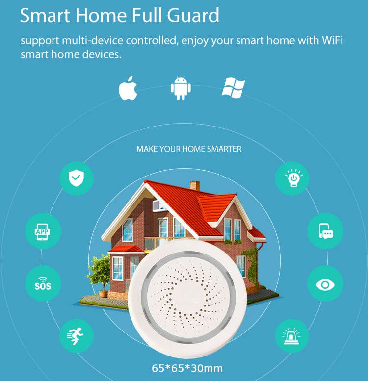 Smart Life APP Wifi Controlled 100dB Siren Alarm Sensor System Supports Echo Show and Google Home