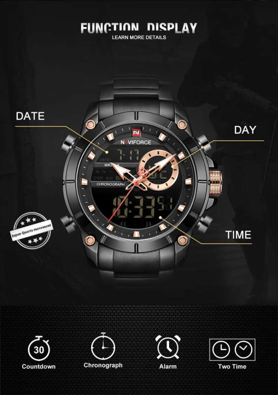NAVIFORCE 9163 Top Brand Men Military Sport Watches Mens LED Analog Digital Watch Male Army Stainless Clock Relogio Masculino