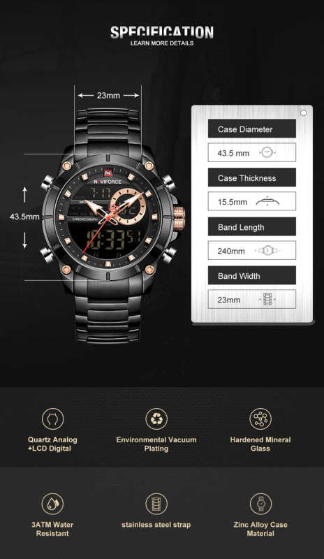 NAVIFORCE 9163 Top Brand Men Military Sport Watches Mens LED Analog Digital Watch Male Army Stainless Clock Relogio Masculino
