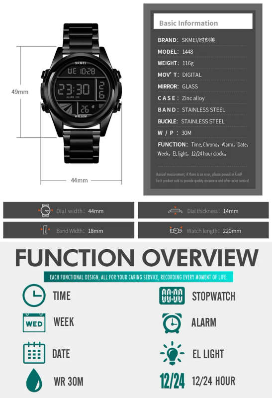 2019 trending popular skmei 1448 alibaba europe stainless steel men's led watch digital