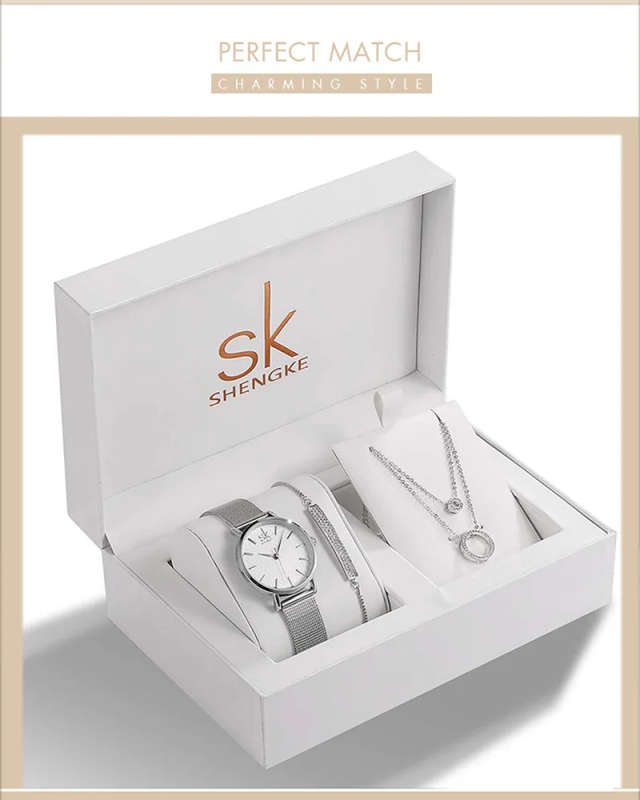 Shengke SK 0006 Brand Quartz Watch Set Women Fashion Crystal Pendant Necklace Bracelet Watches Jewelry Set Silver Luxury Gift