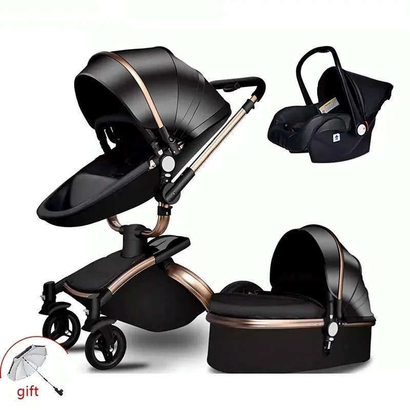 PU Leather 3 in 1 Baby Stroller High Landscape Portable Luxury Carriage Aulon Pram on 2020