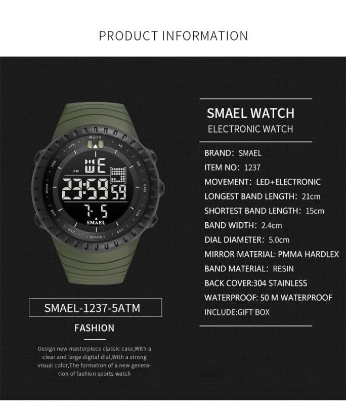 Hot sale  SMAEL  1237 epoxy resin strap simple wrist sport  digital watch