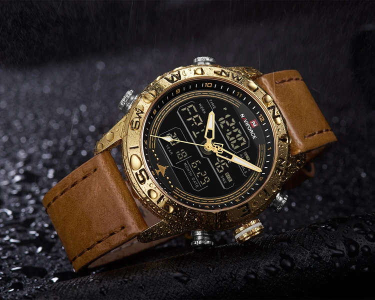 Luxury Brand Men NAVIFORCE 9144 Gold Army Military Watch Led Digital Leather Sports Watches Quartz Mens Clock Relogio Masculino