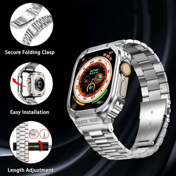 LOBO Stainless Steel Case with Integrated Straps for Apple Watch 45/44mm
