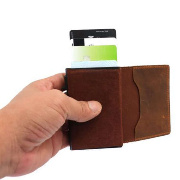 T4U Genuine Leather Pop-Up Credit Card Wallet with Airtag Holder