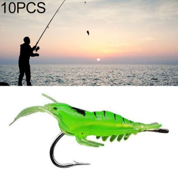 10 Piece Shrimp Lures with Hook Green - 4cm