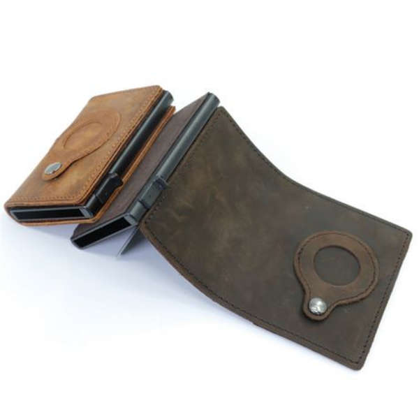 T4U Genuine Leather Pop-Up Credit Card Wallet with Airtag Holder