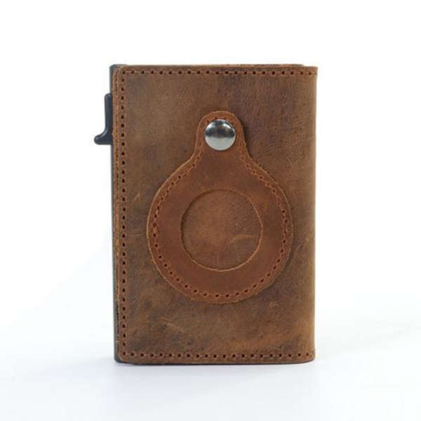 T4U Genuine Leather Pop-Up Credit Card Wallet with Airtag Holder