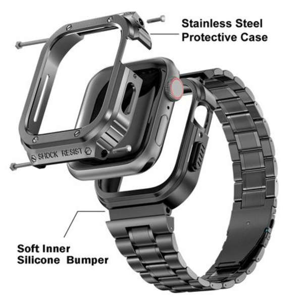 LOBO Stainless Steel Case with Integrated Straps for Apple Watch 45/44mm