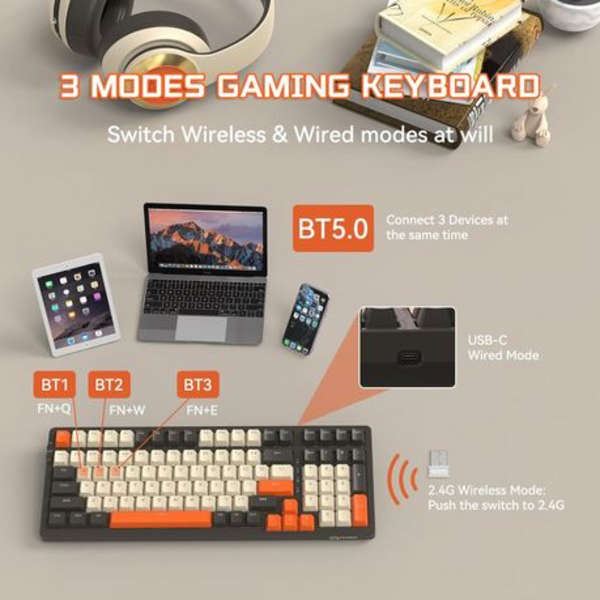 K8 RGB Mechanical Gaming Keyboard -3 Connections USB C/BT5.0/2.4g