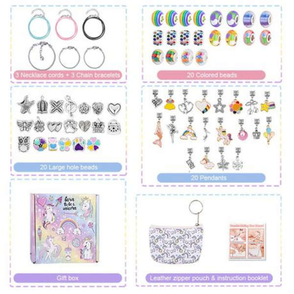 67pc Charm Bracelet Making Kit with Unicorn Bag in Gift Box