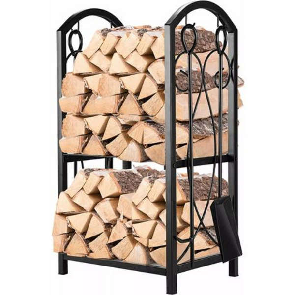 Designer Log Holder With 4 Piece Fireplace Toolset