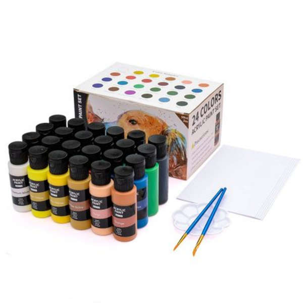 24 Colour Acrylic Paint Set with Brushes, Paint Palette &amp; 400GSM Paper