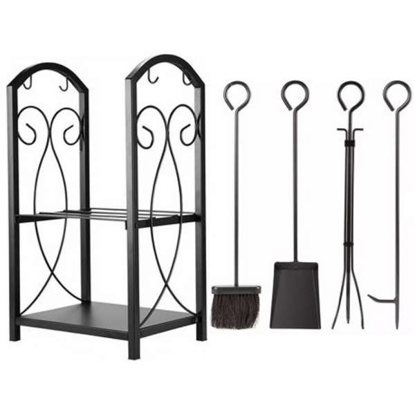 Designer Log Holder With 4 Piece Fireplace Toolset