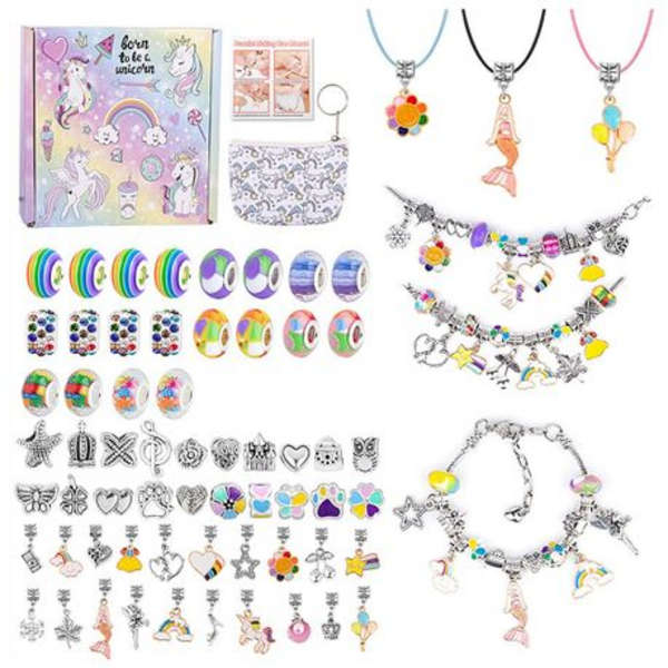 67pc Charm Bracelet Making Kit with Unicorn Bag in Gift Box