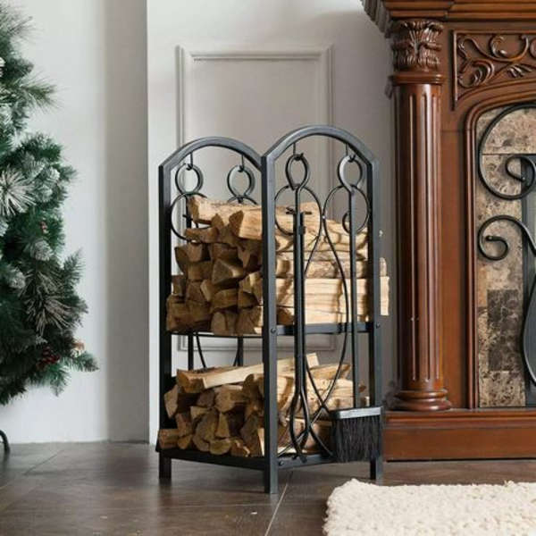 Designer Log Holder With 4 Piece Fireplace Toolset