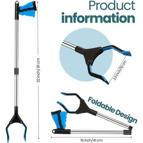 Fold-able Grabber Reacher with Magnetic Non-Slip Rotating Jaw - Blue