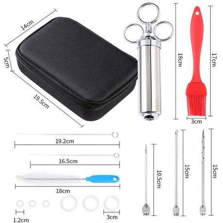 Meat Injector with Basting Brush and Carry Case - Stainless Steel