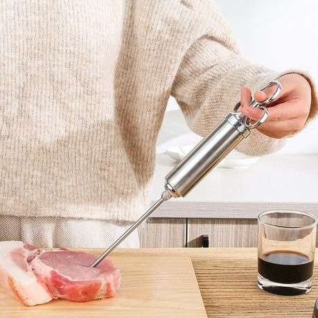 Meat Injector with Basting Brush and Carry Case - Stainless Steel