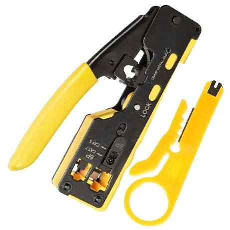 RJ45 Crimping Tool For Pass-Through Connectors With Wire Stripper