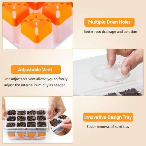 4 Pack Seed Starter Tray Kit with Silicone Bottoms &amp; Humidity Control Vents - Orange