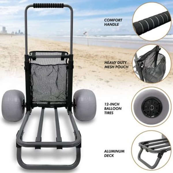 Collapsible Beach Trolley Cart with Tie-Down Straps, Pump &amp; Mesh Bag.