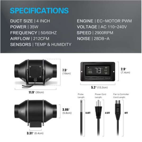 Inline Grow Tent Extractor Fan with Smart Controller (4inch/100mm)