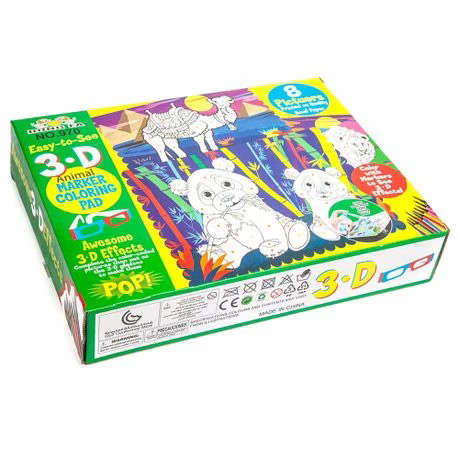 3D Colouring Set with 12 Markers, 3D Glasses & Spray Bottle (Animals)