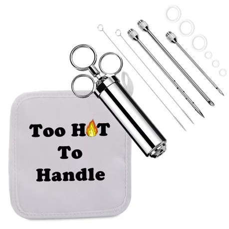 Stainless Steel Meat Injector Set w/ Pot Holder - Too Hot To Handle Graphic