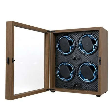 USB Powered Four Watch Winder with Glass Door-LED Backlit (Walnut Finish)