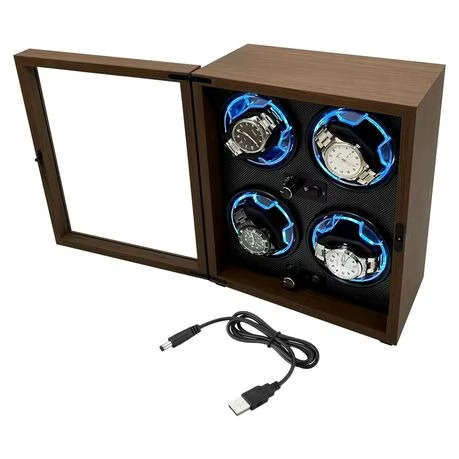 USB Powered Four Watch Winder with Glass Door-LED Backlit (Walnut Finish)