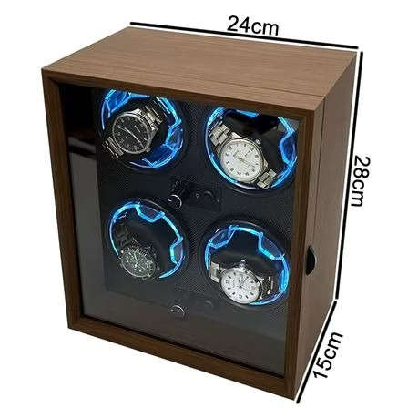 USB Powered Four Watch Winder with Glass Door-LED Backlit (Walnut Finish)