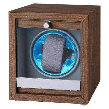 USB Powered Single Watch Winder with Glass Door-LED Backlit (Walnut Finish)