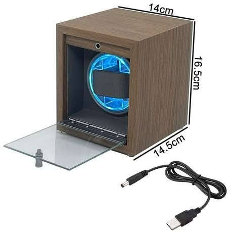 USB Powered Single Watch Winder with Glass Door-LED Backlit (Walnut Finish)