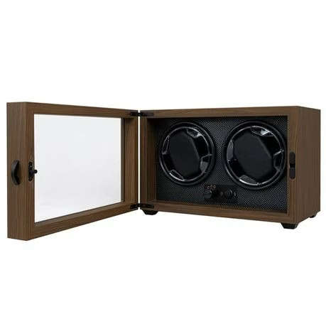 USB Powered Double Watch Winder with Glass Door-LED Backlit (Walnut Finish)