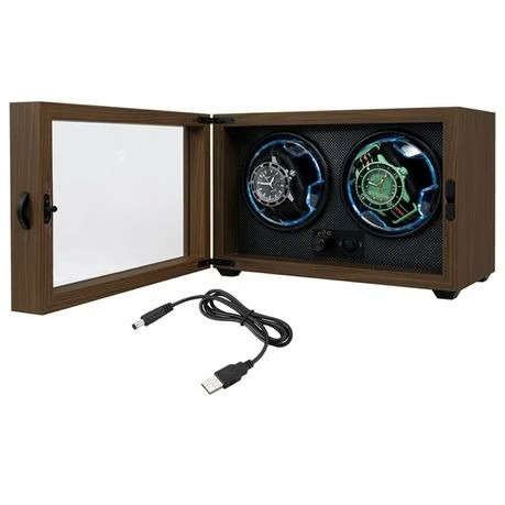 USB Powered Double Watch Winder with Glass Door-LED Backlit (Walnut Finish)