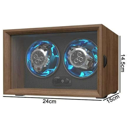 USB Powered Double Watch Winder with Glass Door-LED Backlit (Walnut Finish)