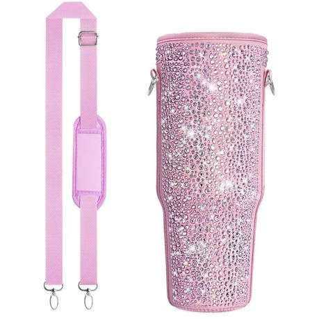 Neoprene & Rhinestone Cover with Shoulder Strap for 40oz Stanley Cup - Pink