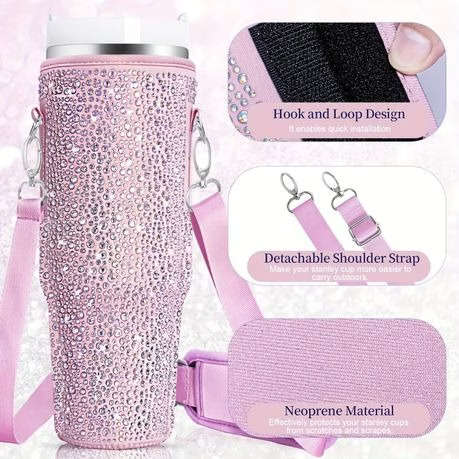 Neoprene & Rhinestone Cover with Shoulder Strap for 40oz Stanley Cup - Pink
