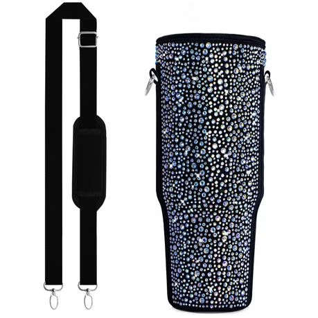 Neoprene & Rhinestone Cover with Shoulder Strap for 40oz Stanley Cup - Pink