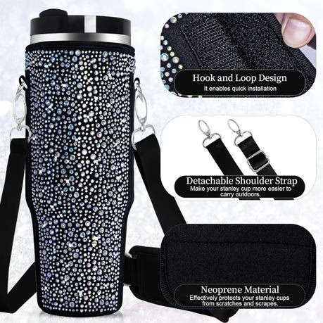 Neoprene & Rhinestone Cover with Shoulder Strap for 40oz Stanley Cup - Pink