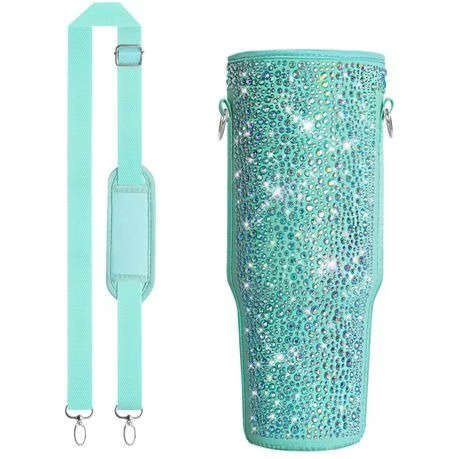 Neoprene & Rhinestone Cover with Shoulder Strap for 40oz Stanley Cup - Teal