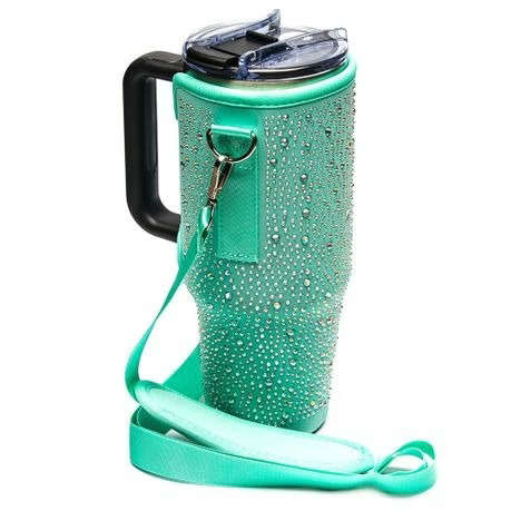Neoprene & Rhinestone Cover with Shoulder Strap for 40oz Stanley Cup - Teal
