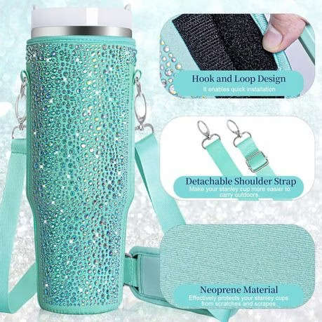 Neoprene & Rhinestone Cover with Shoulder Strap for 40oz Stanley Cup - Teal