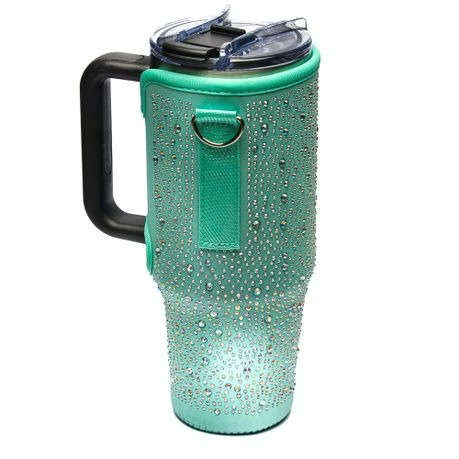 Neoprene & Rhinestone Cover with Shoulder Strap for 40oz Stanley Cup - Teal