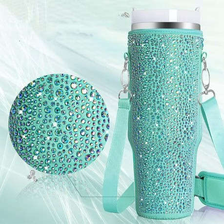 Neoprene & Rhinestone Cover with Shoulder Strap for 40oz Stanley Cup - Teal