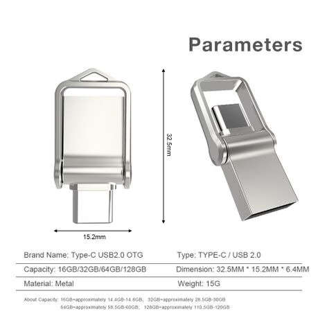 128gb OTG Flash Drive with USB 2.0 and Type-C Connectors - Silver