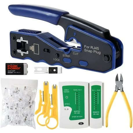 RJ45 Network Crimping Tool Set with Pass-through Crimper & Connectors