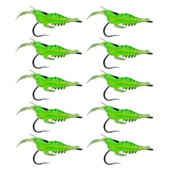 10 Piece Shrimp Lures with Hook Green - 4cm
